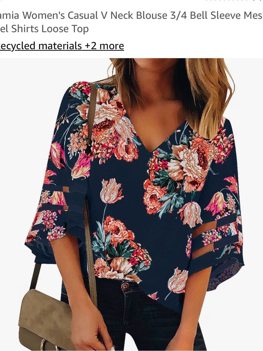 Women's Floral V-Neck Bell Sleeve Blouse - Navy Pink